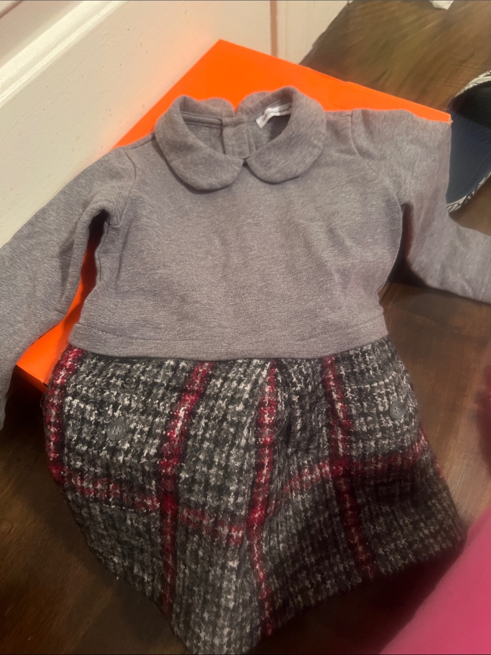 Dolce & Gabbana Gray Knit Top with Plaid Skirt Accent